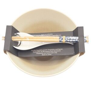 SH Home 40oz Ceramic Ramen Noodle Bowl Set Cream Tan with Chopsticks And‎ Spoon